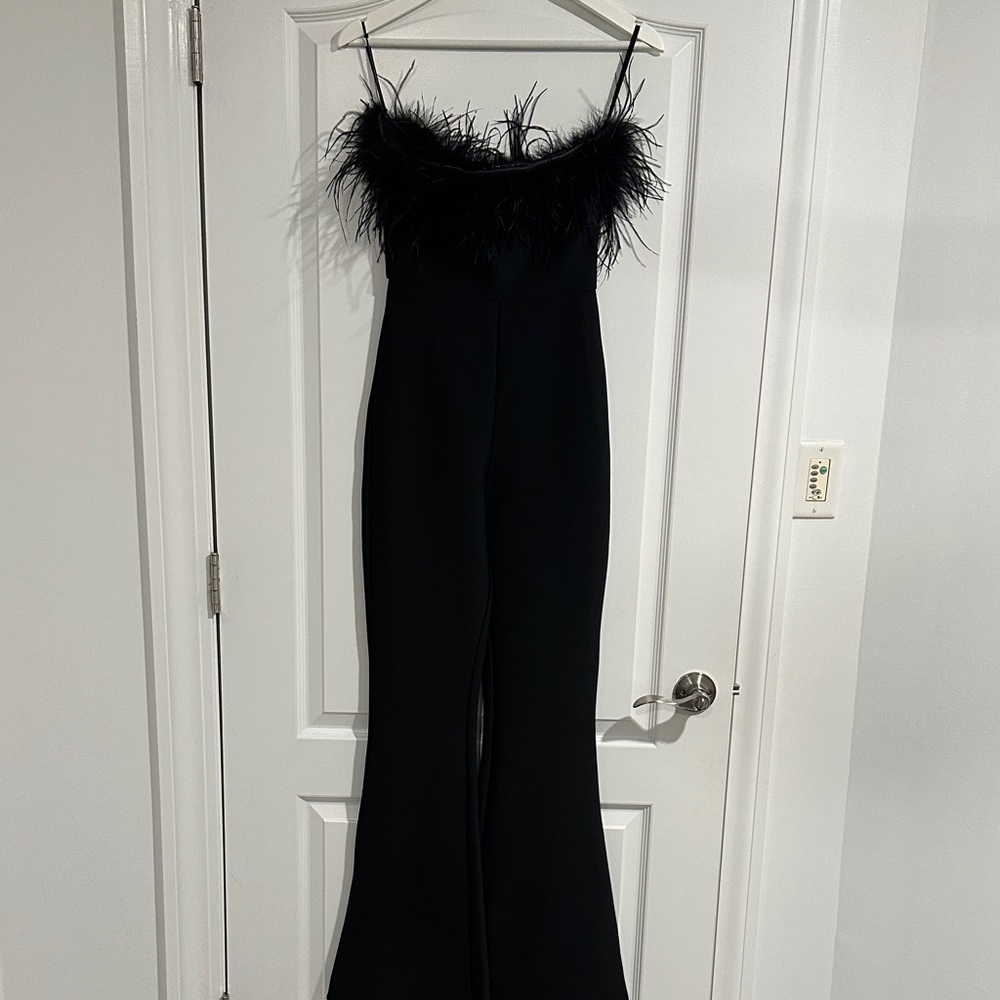 Chic Black Feather-Accent Jumpsuit